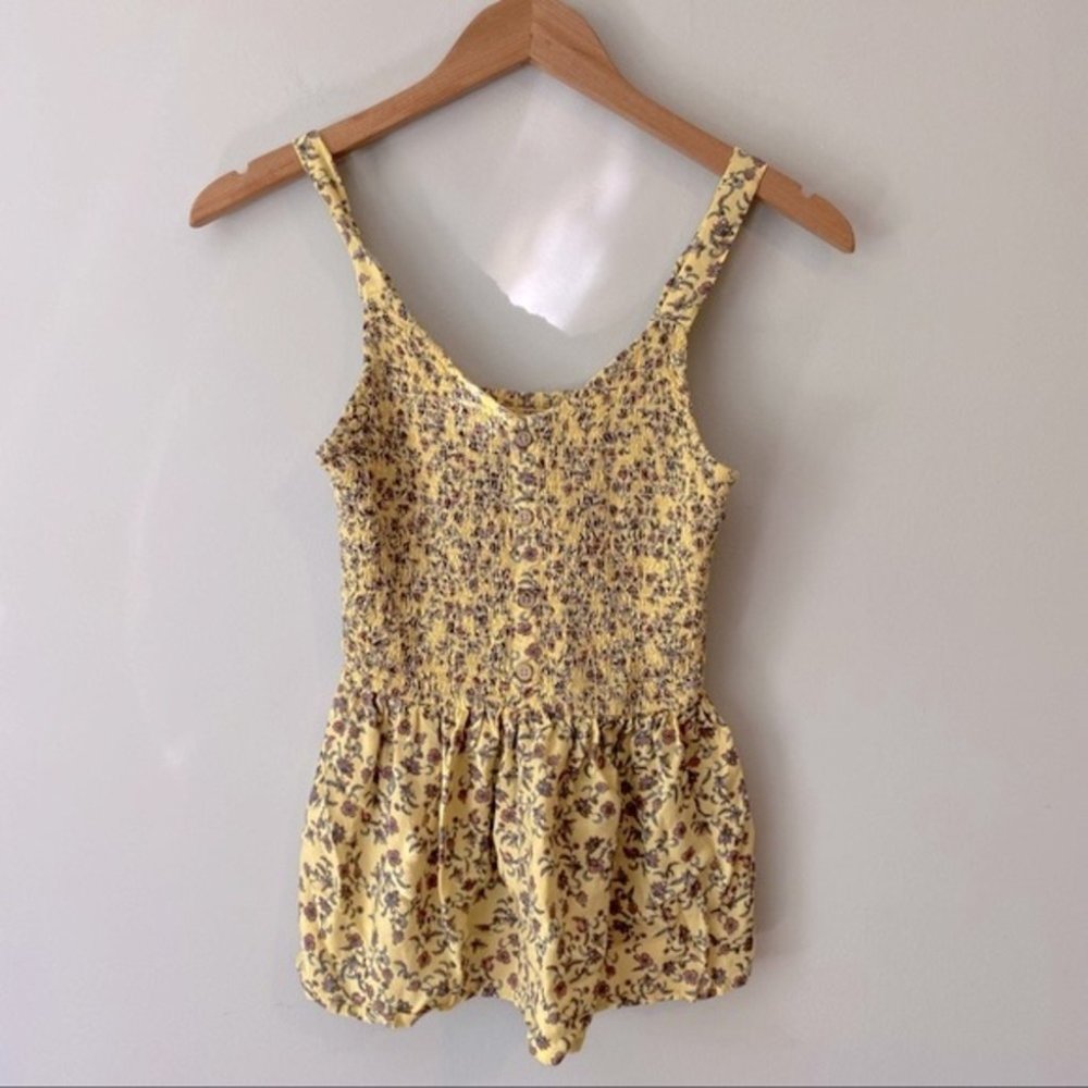 Japna womens yellow floral peplum summer top sleeveless shirred ruched- medium